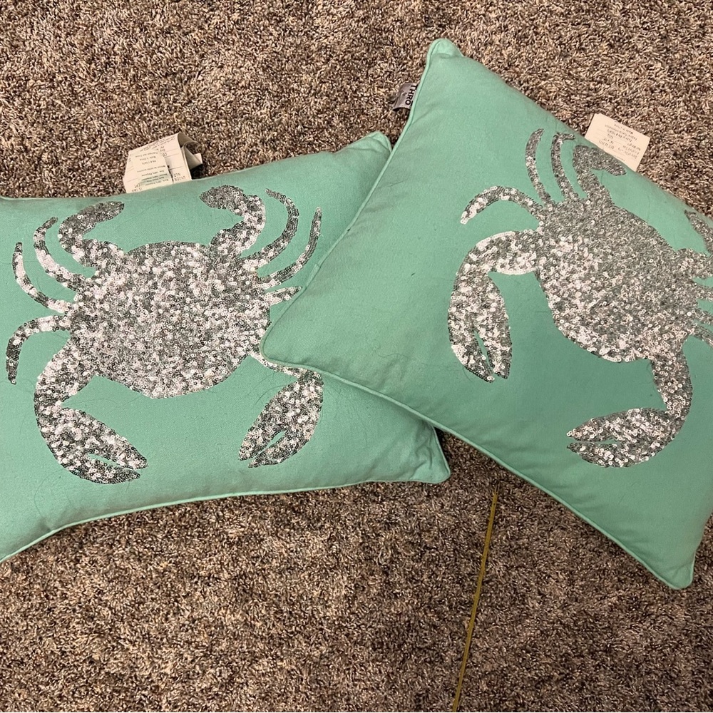 Teal Pillows with Silver Crab Sequin Design Lot of 2 14x18